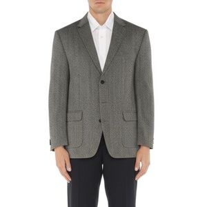 Merona Sport Coat 44L Mens Grey Black Herringbone Blazer Classic Tailored Dapper